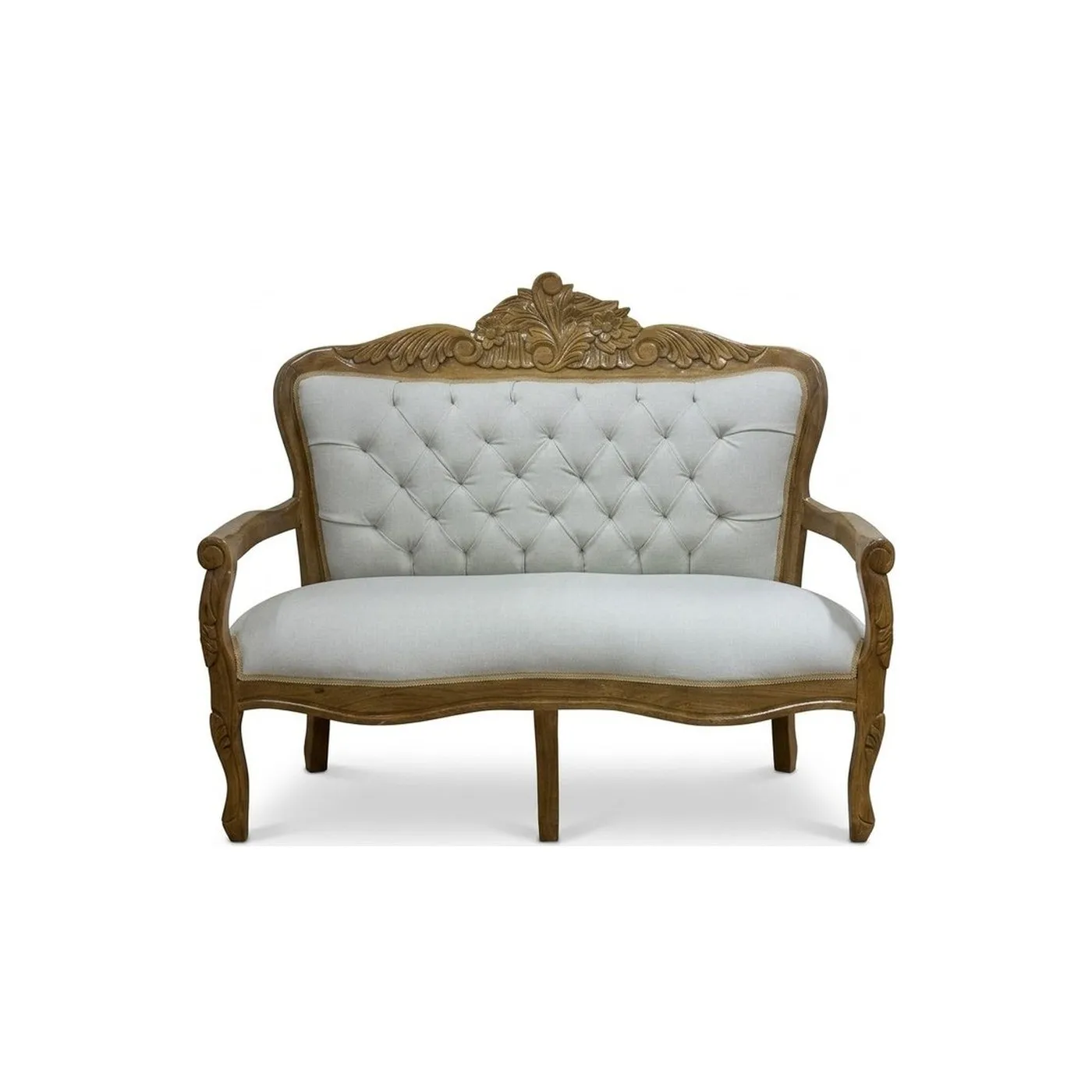 Love seat tallado ya restaurado, con tapizado capitoné nuevo y madera recuperada